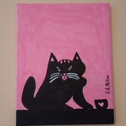 Black Cat And A Bowl Original Acrylic Painting On Canvas Wall Art 11x14" 