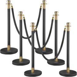 VEVOR Crowd Control Pole, Set of 6 Poles, with 1.5m Black Velvet Rope, Black Crowd Control Barrier with Sturdy Concrete and Metal Base, Easy to Connec