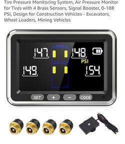 Tire Pressure Monitoring System, Air Pressure Monitor for Tires with 4 Brass Sensors, Signal Booster, 0-188 PSI, Design for Construction Vehicles - Ex