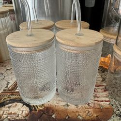 Glass Cups W/bamboo Lid Glass Straw 