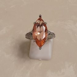 925 Silver CZ and Orange Citrine Marquis Ring Size 6