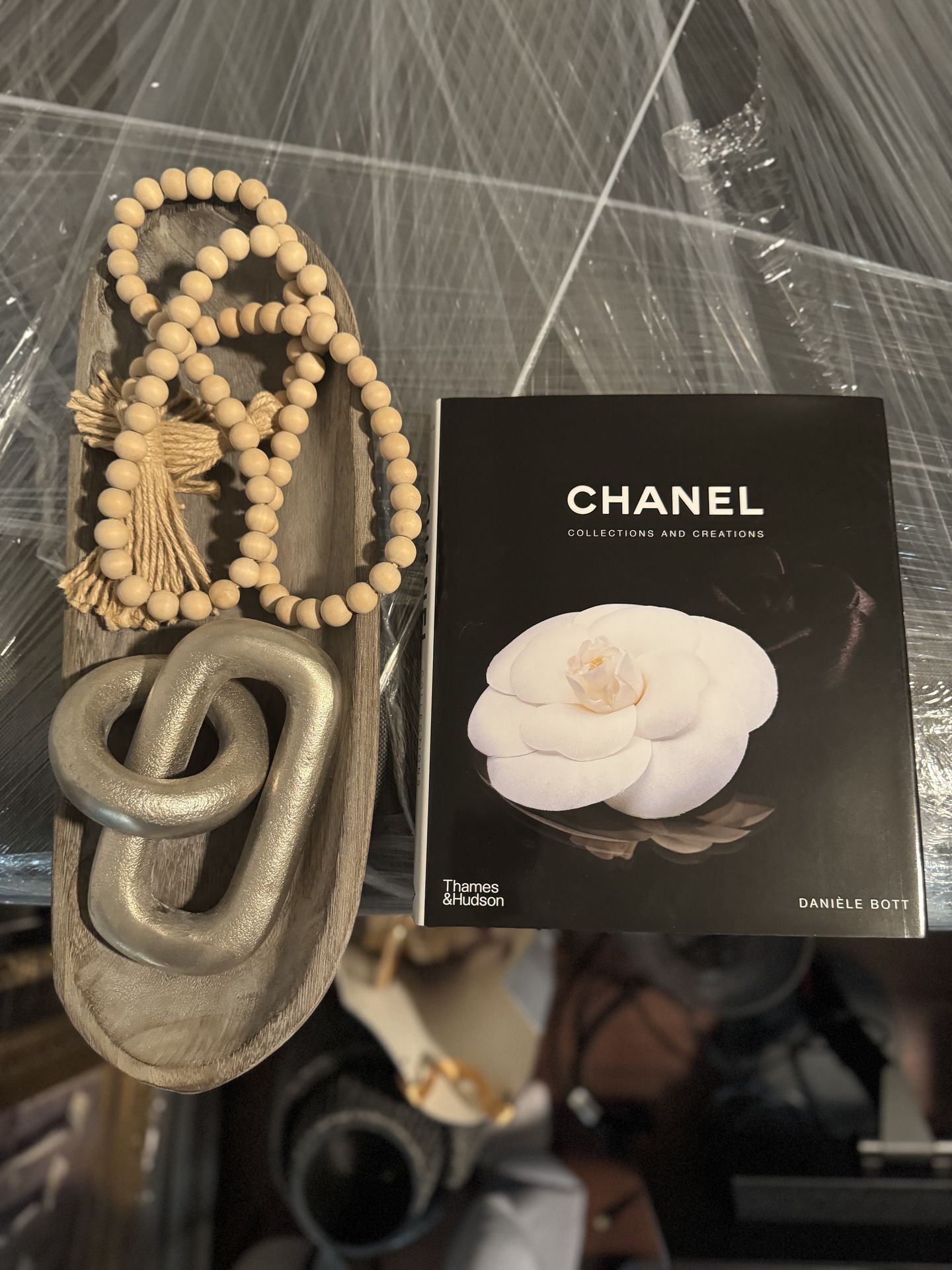 Chanel table decor book, bowl, silver links, beaded tassel