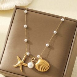 18 k gold plated faux pearl starfish shell decor stainless steel pendent necklace 