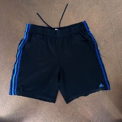 Adidas Men’s Black Athletic Shorts Blue Side Stripes Logo – M