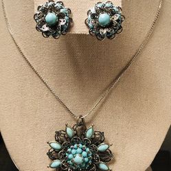 Vtg Silver Tone Faux Turquoise Filagree Floral Pendant W/Screw Back Earrings Set