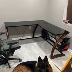FREE! L-Shaped Wood Metal Glass Top Desk Walnut Black 61”x61”