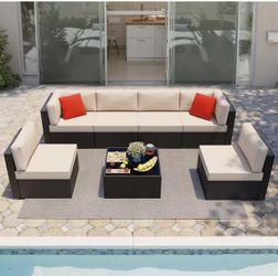 7 Pieces Patio Furniture Sets Outdoor Rattan Sectional Sofa PE Rattan Manual Weaving Wicker Patio Conversation Set with Glass Table&Ottoman Cushion an