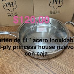 Sartén De 11” Acero Inoxidable Tri-ply 👉 princess house todo nuevo y con caja 📦