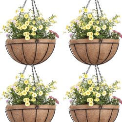 4 METAL 10" HANGING PLANTERS W/COCONUT LINERS