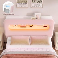 Twin LED Bed Frame with Storage Headboard and Charging Station, Girls Bed Frame with 2 Drawers and USB Ports, Velvet Upholstered Platform B