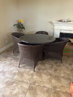 Outdoor dining set -5 Piece Round Granite Table & 4 Chairs with cushions
