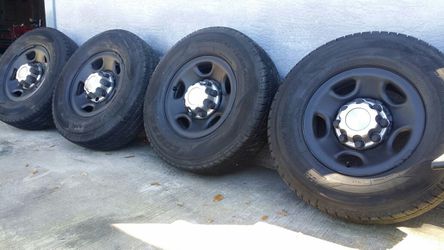 Set of four 16" wheels and tires, tire size(LT245/75/16) , 8 Lugs, wheels & tires for 07-2015 CHEVY SILVERADO ,GMC SIERRA, Look like new