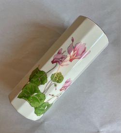Vintage Otagiri Octagonal Vase Featuring Pink Cyclamen Floral Design w/Gold Trim