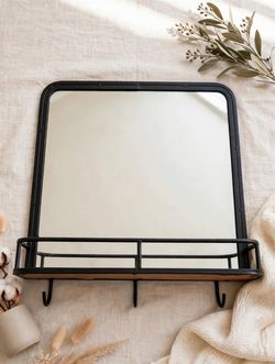 Black Wall Mirror with Shelf and Hooks
