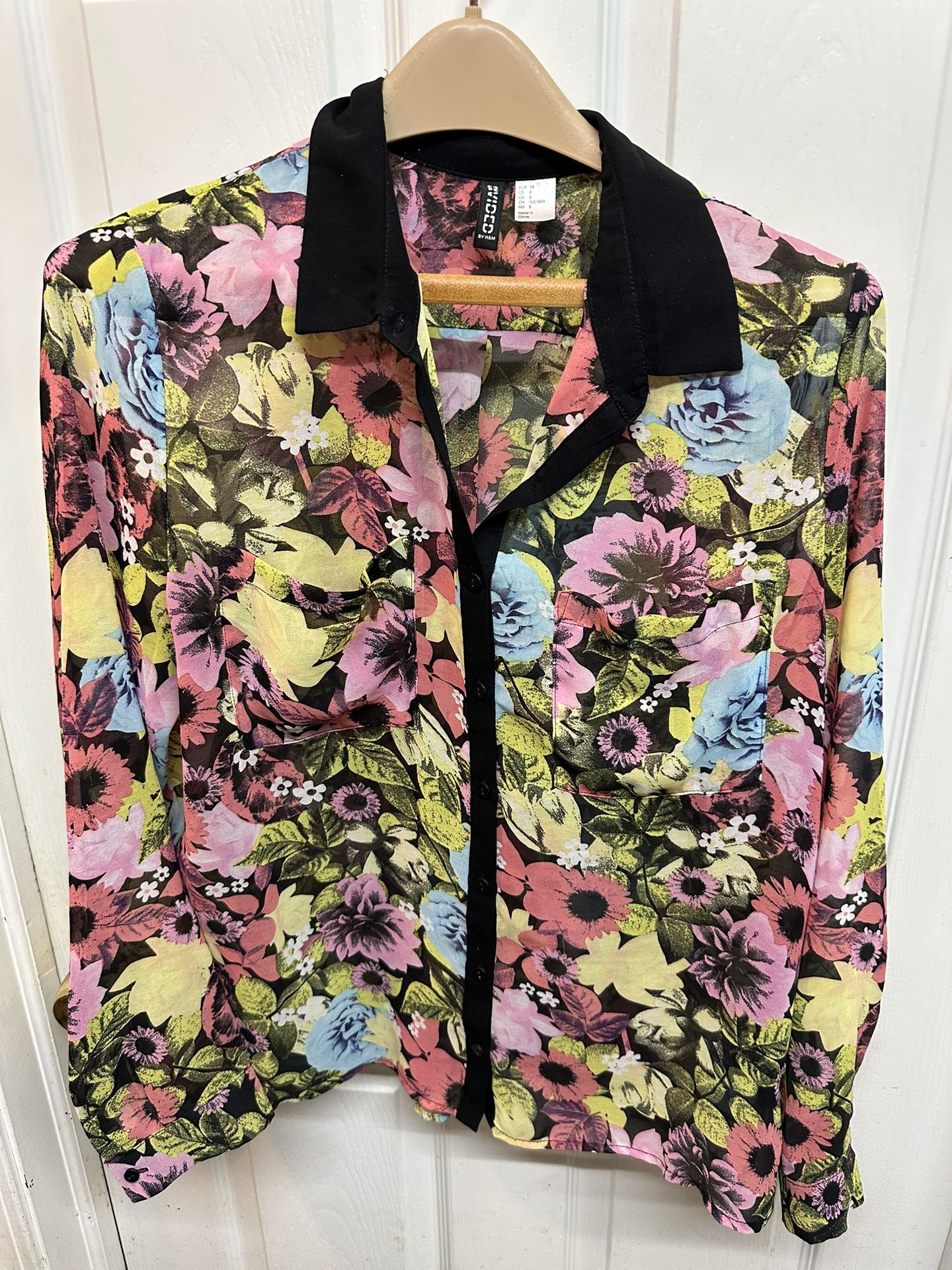 Divided H & M Sheer Floral Button Up Shirt Size 8 Great Condition