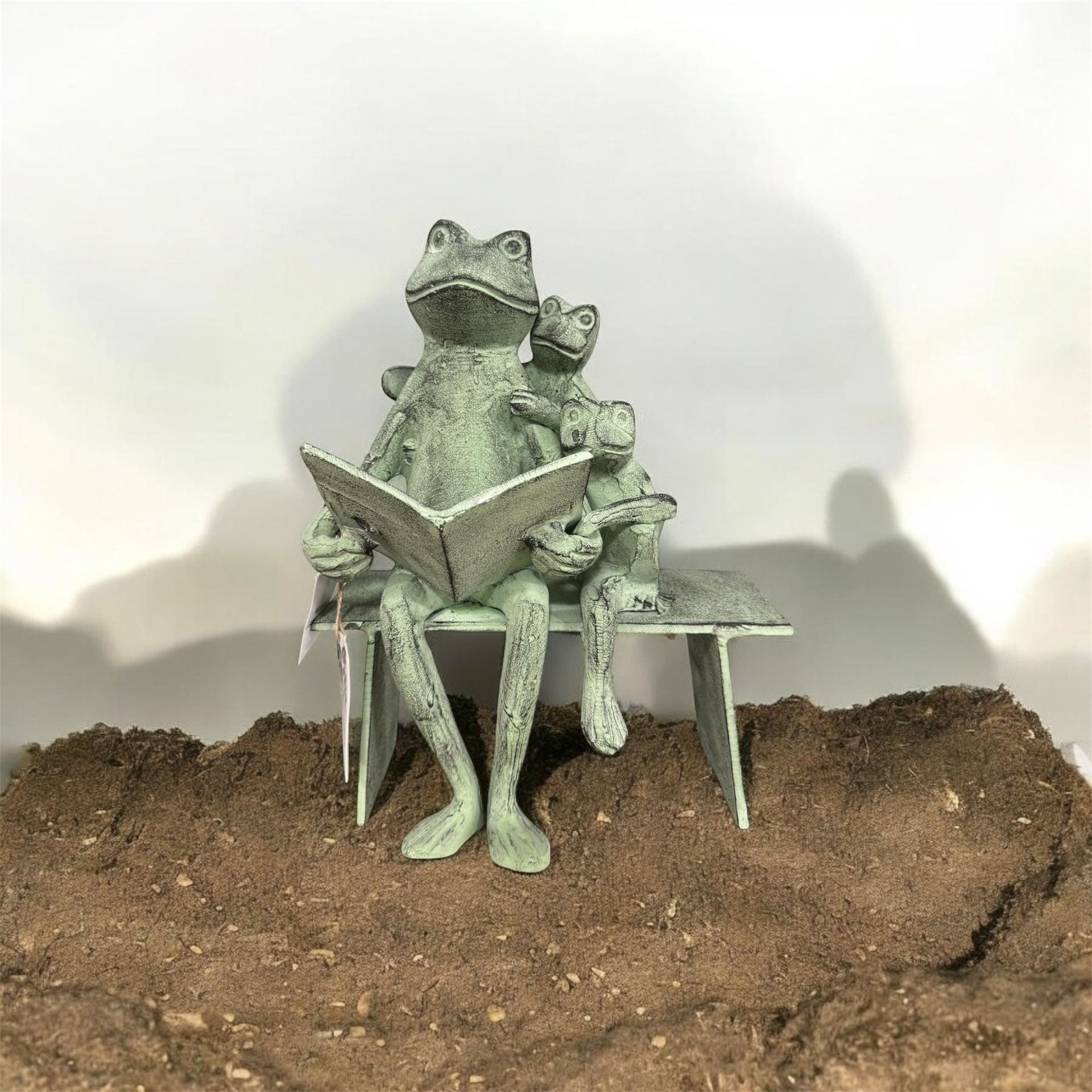 Reading Frog Family Garden Sculpture 14”x11”x4”