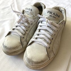 Prada Leather Lace Up Low Top Comfort Sneakers Shoes Footwear White Men 6.5