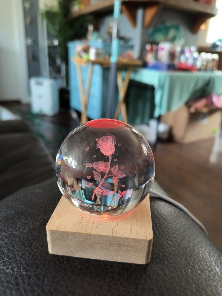 Crystal Ball With Etching I Love You Sitting On A Lighted Pedestal That Changes Colors