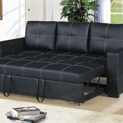 NEW BLACK LEATHER CONVERTABLE SOFA W/ PULL OUT SLEEPER