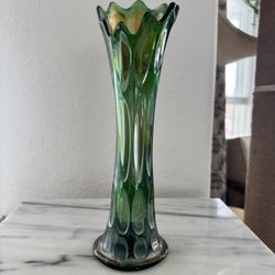 Vintage Fenton Green Carnival Long Thumbprint Swung Vase