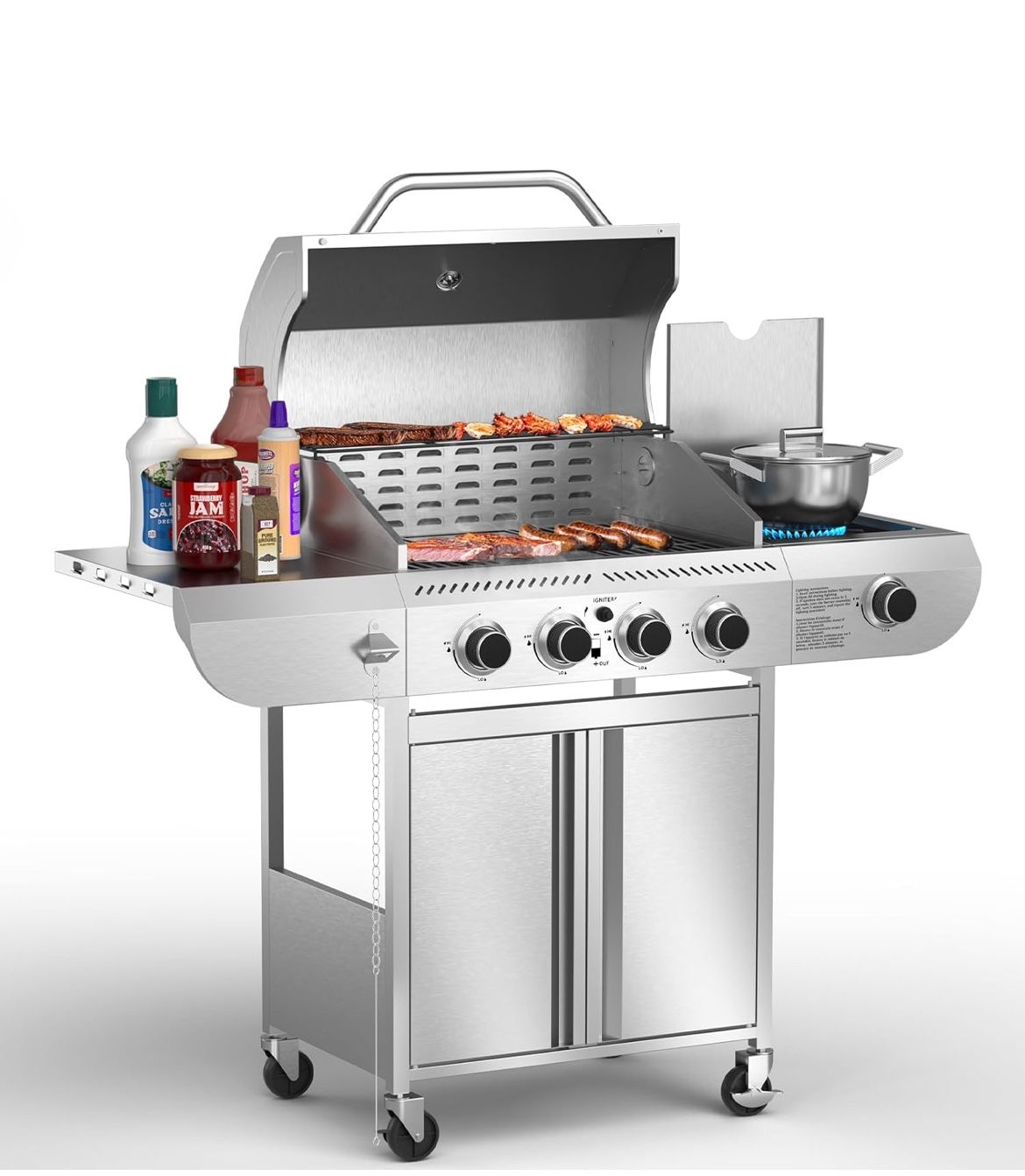 Gas Grill,Heavy-Duty Stainless Steel BBQ Grill,4 Burner Gas Grill with Side Burner,42000 BTU Propane Grill for Outdoor Cooking,Barbecue,Garden and Pat