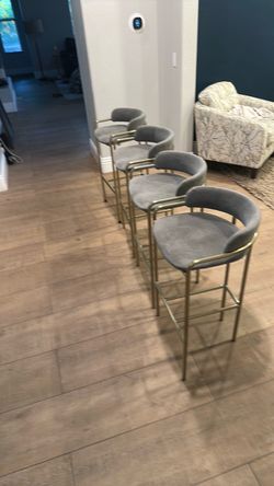 Set of 4 Gray Velvet Bar Stools with Gold Frame