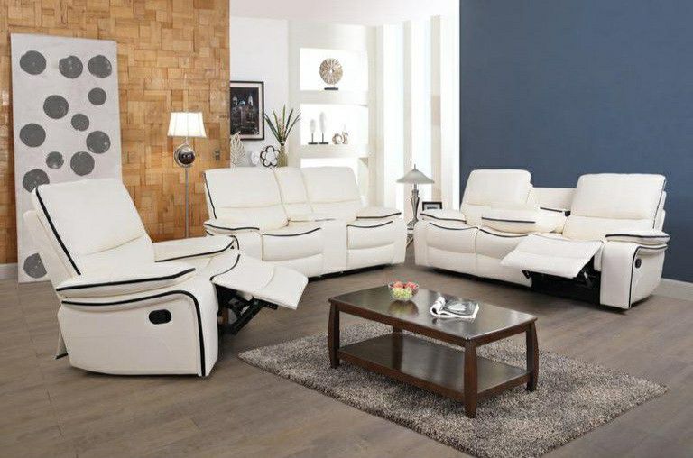 Brand New White Leather 3pc Reclining Set With Storage Compartments A Drop Down Table & Built In Cup Holders 