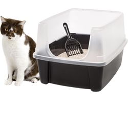 Caja de arena para gatos IRIS USA, arenero para gatos con escudo y pala para arena, color negro