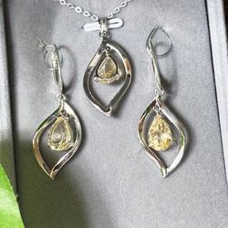 New, Custom-Made Flame Pendant and matching earrings with Citrine Pear Stones Mounted in Sterling Silver