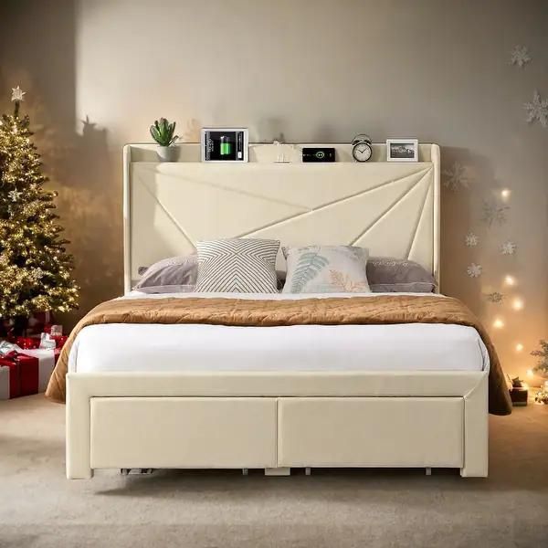 Queen Bed Frame With Charging Station BEIGE