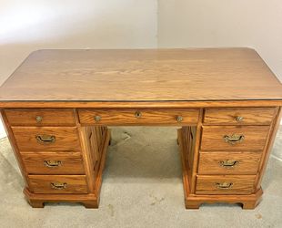 Vintage 1989 Solid Oak Executive Desk with Glass Top & Locking Drawers 