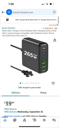 265W USB C Charger, 8-Port Desktop USB C Charging Station