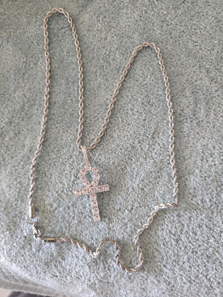 Silver Cross Diamonds With Rope Necklace 22 Inch