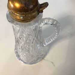 VINTAGE OLD GLASS CREAMER / SYRUP SERVER WITH METAL TOP KITCHEN 
