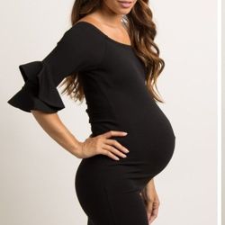 Black Layered Flounce Sleeve Fitted Maternity Dress