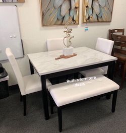 Small 5-pc dining table set white faux leather upholstered chairs