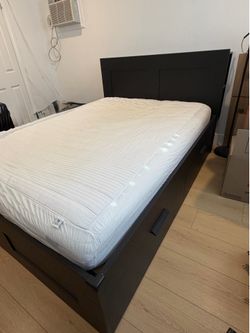Queen IKEA Brimnes Storage Bedframe, Headboard, and Zinus Queen Mattress (with mattress bag)