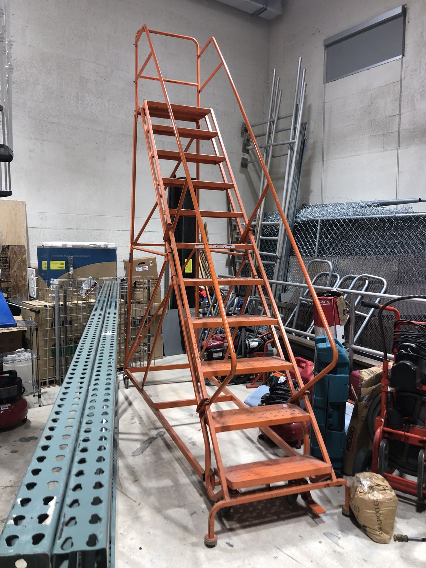 11 Step Mobile Ladder with wheels handrails Industrial TriArc 11 Step Steel Easy Turn Rolling Ladder