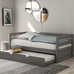 Daybed with A Trundle, Twin Daybed with Pull Out Trundle, Solid Wood Bed Frame Trundle Bed Twin Size for Kids (Gray)