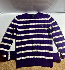 Ralph Lauren Women's Purple and White Striped Cable Knit Crewneck Sweater (Medium)