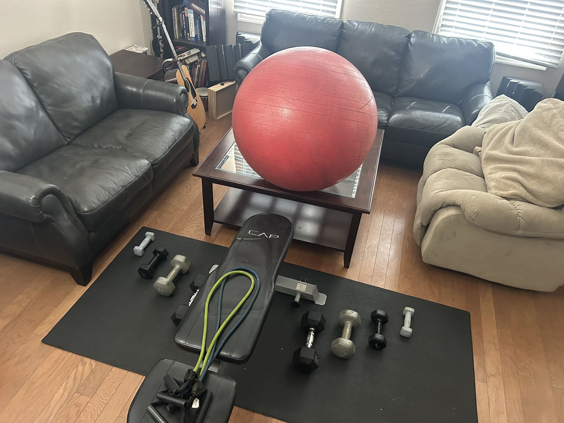 Weights, Bench, Exercise Ball, And Bands