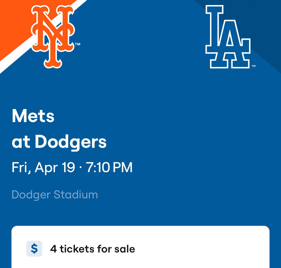 4 Tickets For Tonight’s Dodgers Game