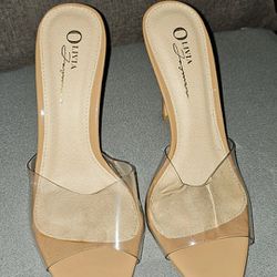 Nude stiletto heels with clear strap 
