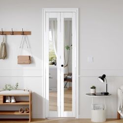 Preassembled Bifold Mirrored Barn Doors for 24x80 Opening,Interior folding Closet Door and Hardware Kit Included, PVC Surface, White,for Pantry,Laundr