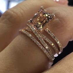 Exquisite Women Rose Gold Plated With 925 Sterling Silver  Natural Morganite Diamond Ring Size 8