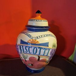 Vintage Hand Painted Ceramic Italian Biscotti Large Cookie Jar-$18.00