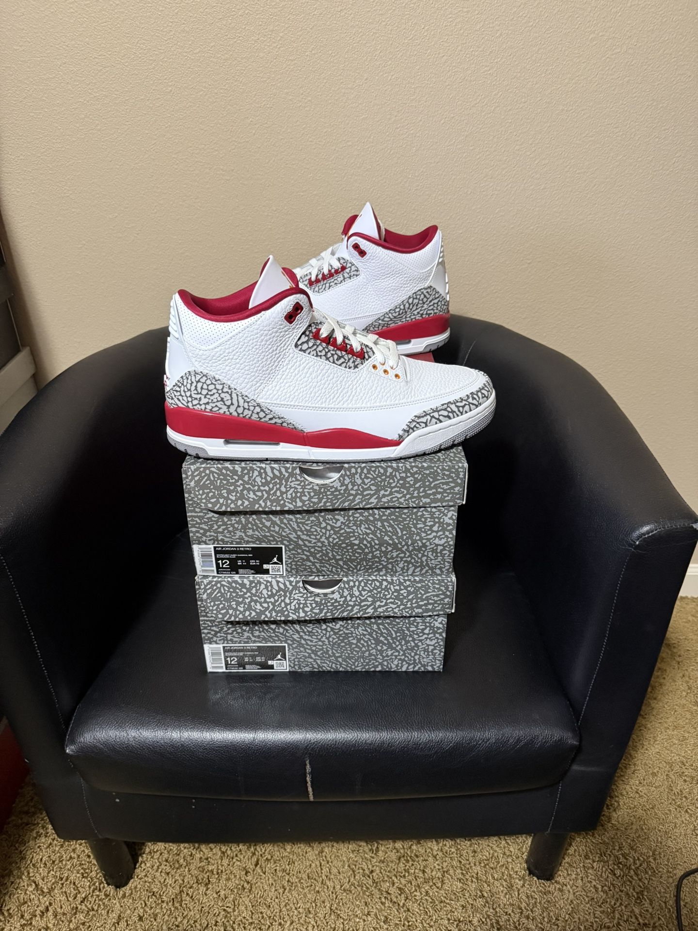 Brand new Air Jordan Cardinal 3’s sizes 12x2 with original box and proof of purchase.