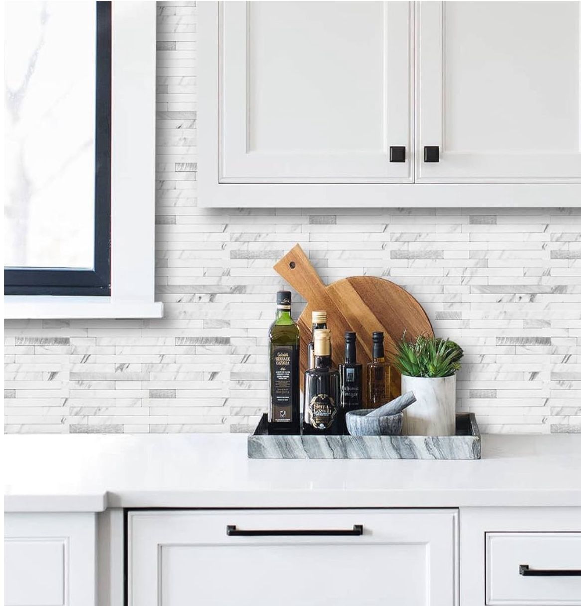 (4444-62) AULIGET 40 Sheets Faux Stone Peel and Stick Backsplash, White Marble Look PVC Wall Tiles Stick on Backsplash for Kitchen, bathrooms, living 