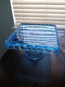 Mosser Buffet blue cake stand  10" square Elizabeth Quilted pedestal  cake plate