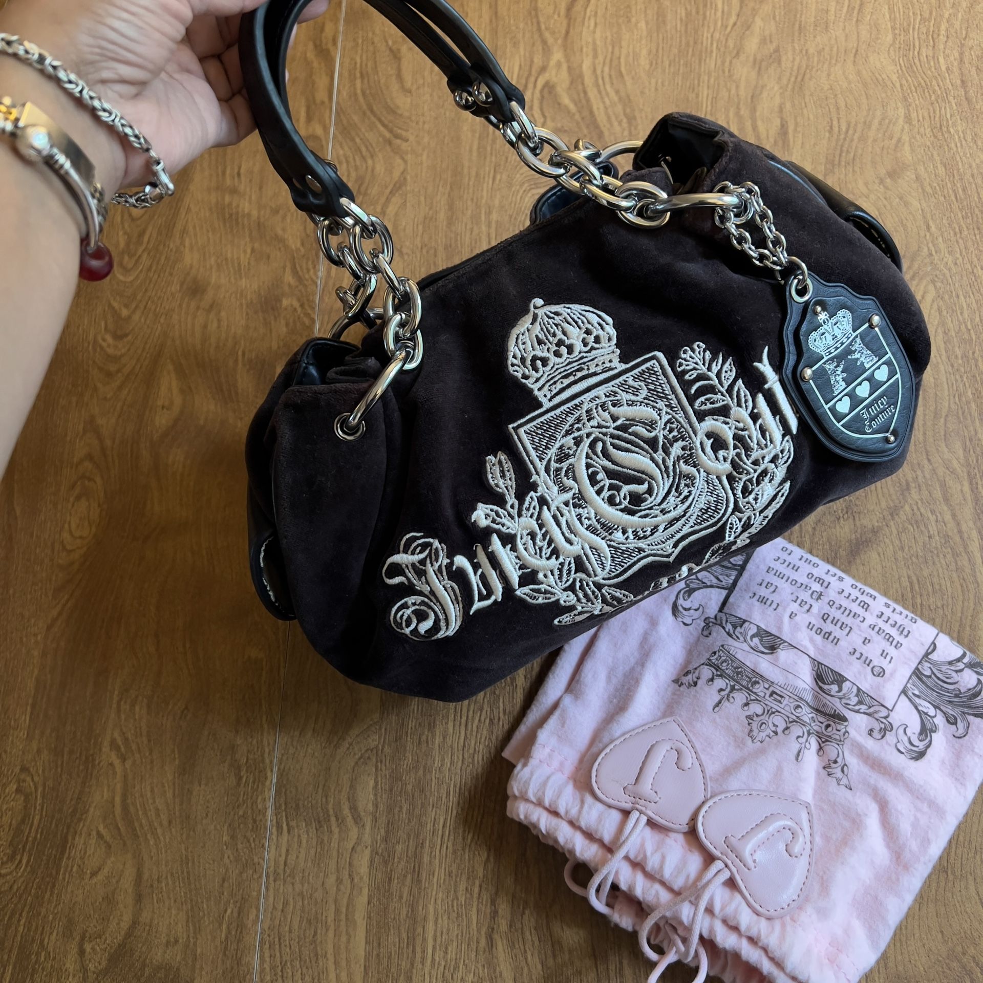 Juicy Couture Vintage Y2K Brown Velvet Leather Trim Silver Tone Hardware Handbag